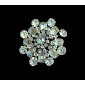 Vintage Rhinestone Crystal Starburst Snowflake Brooch Pin  silver tone wedding